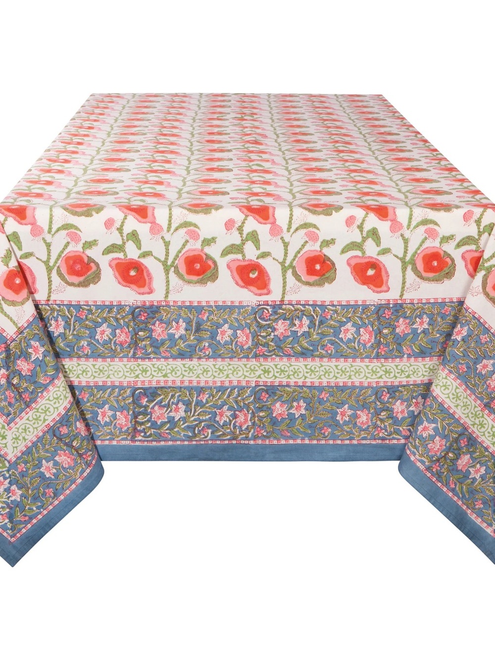 Coral Floral Border Tablecloth with Blue Stripe
